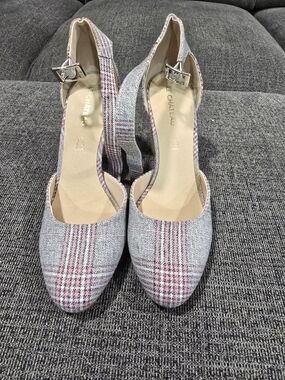 le chateau Pink and Gray Plaid D'Orsay Heels with Ankle Strap